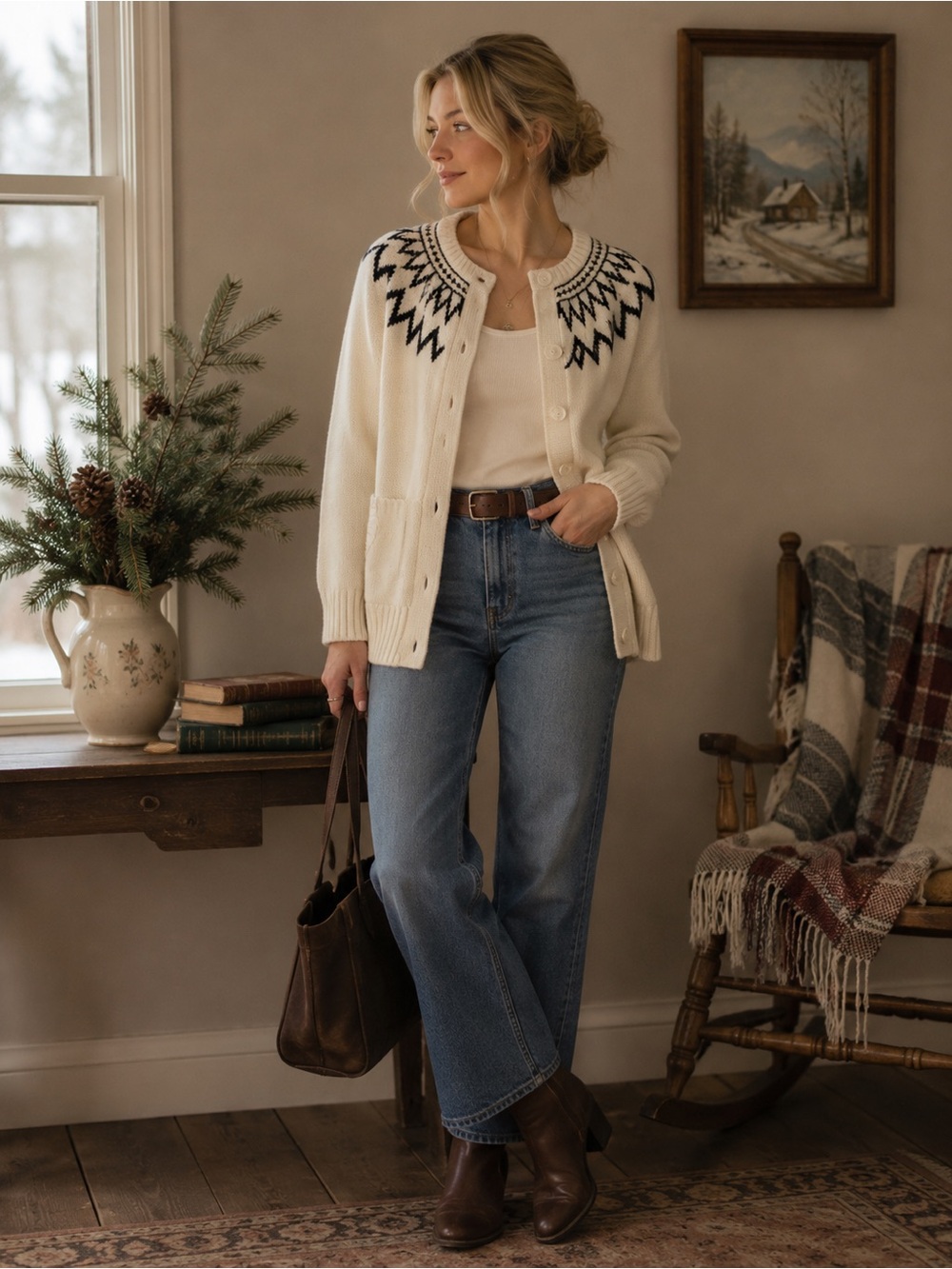 Crewneck Nordic Pattern Cream Cardigan Sweater